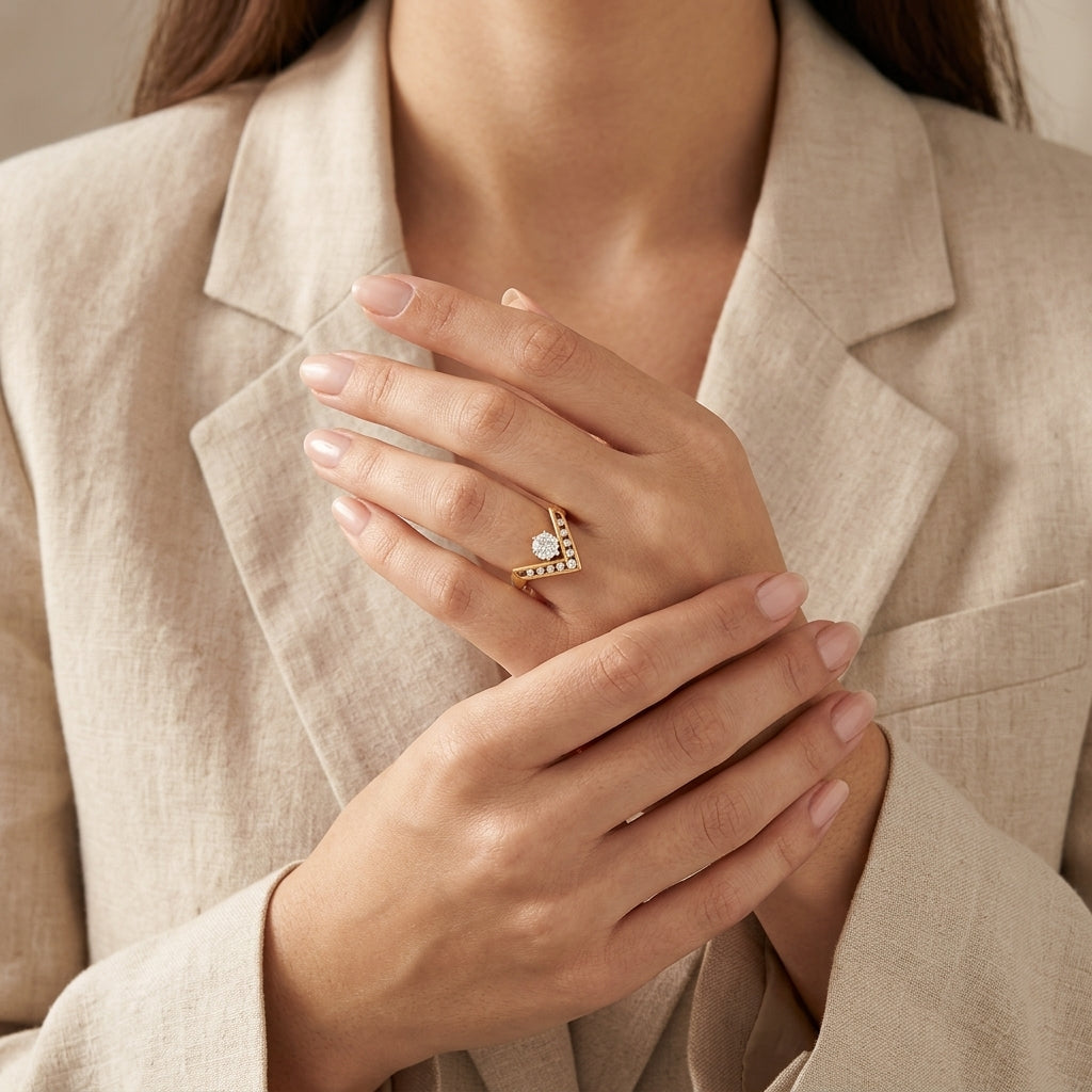14K Gold Diamond V Shape Chevron Ring model still
