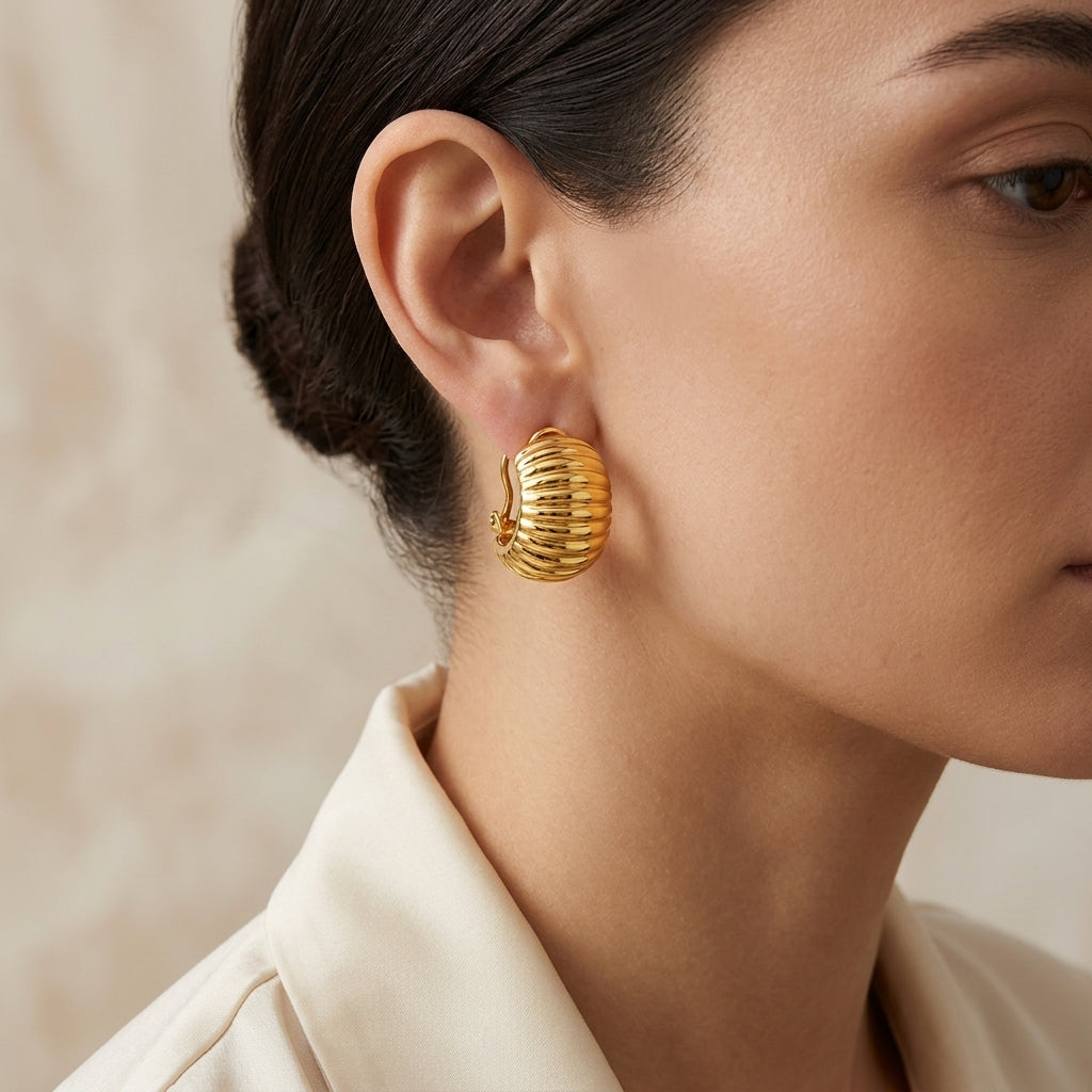 18K Gold Fluted Ridged Half Hoop Drop Earrings model still