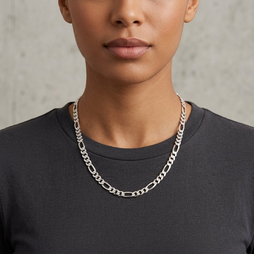 14K White Gold Figaro Link Chain Necklace model still