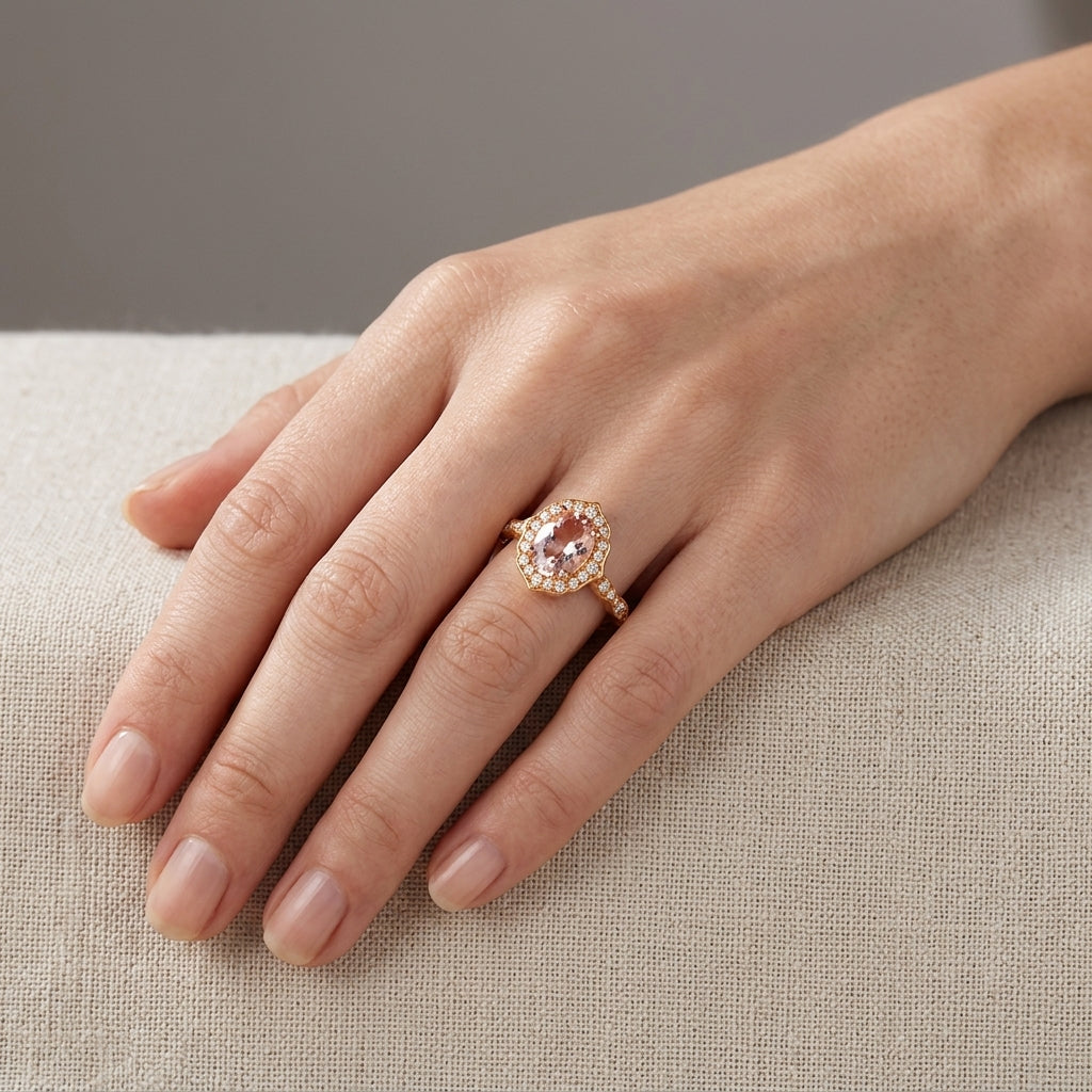 18K Rose Gold Morganite & Diamond Halo Engagement Ring Vintage Style model still