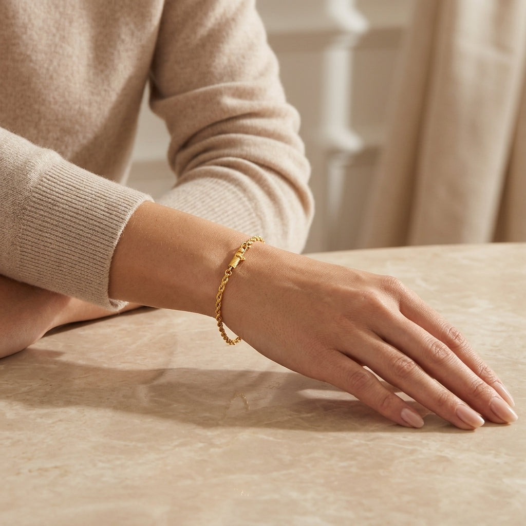 14K Gold Dainty Rope Chain Link Bracelet model still