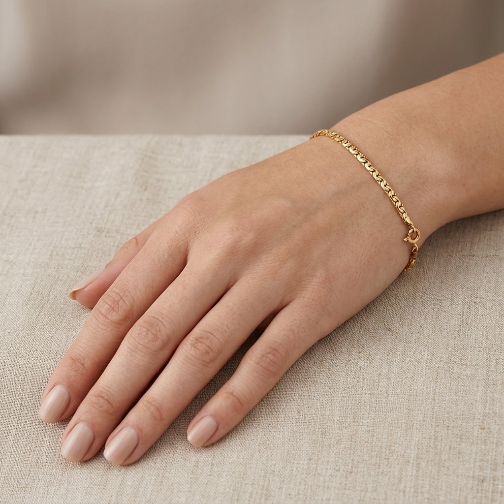 14K Dainty Flat Fancy Link Curb Style Bracelet model still