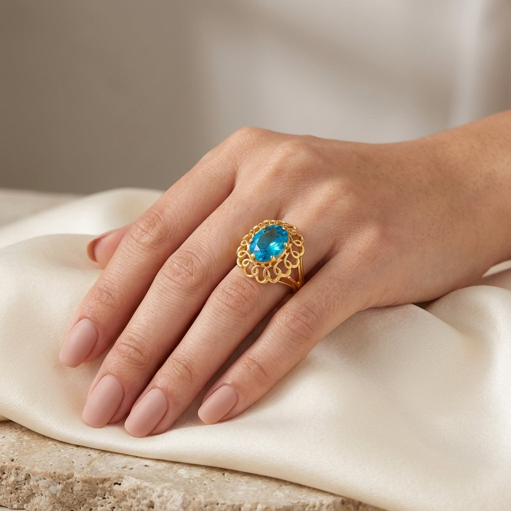 10K Blue Topaz Filigree Lacework Cocktail Ring model still