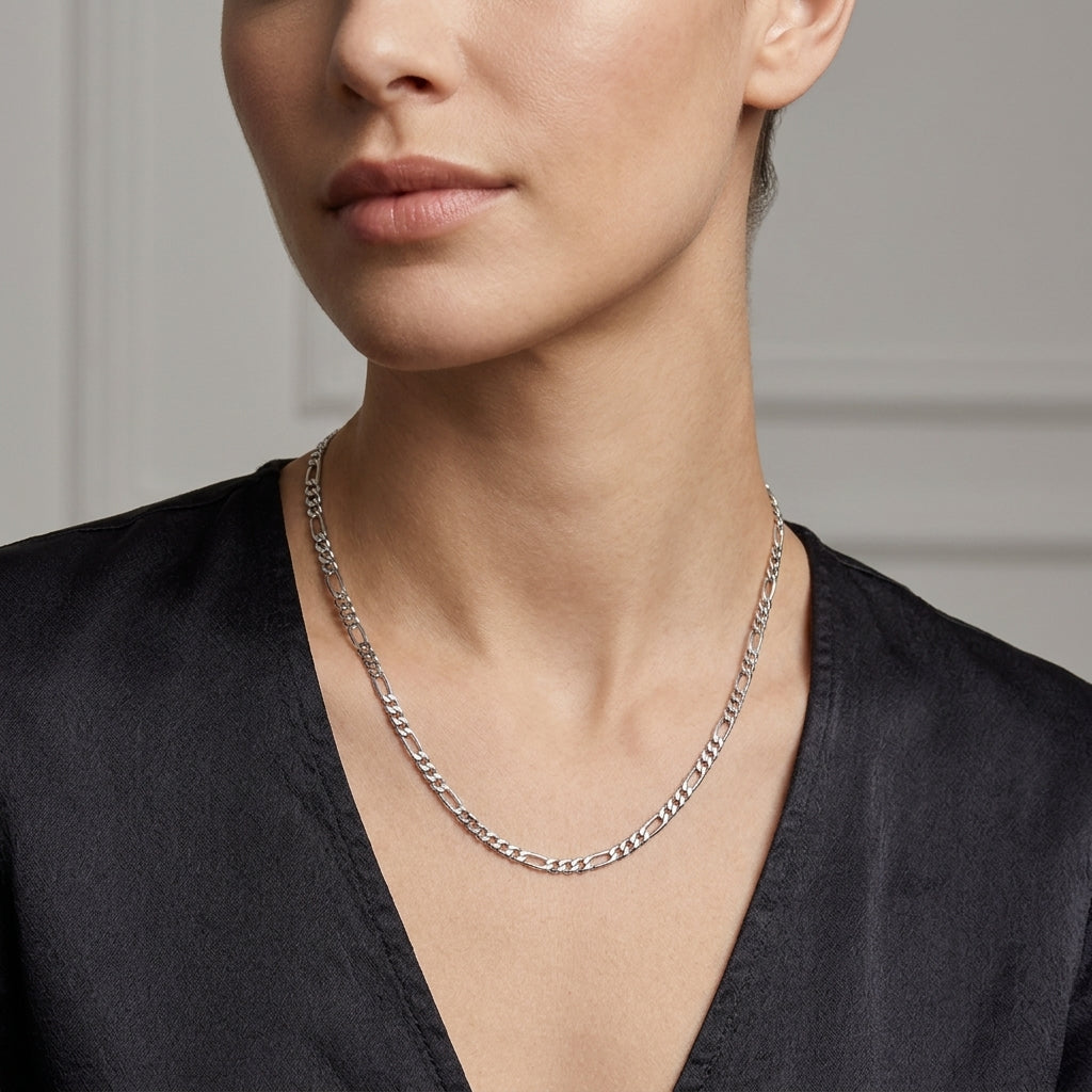 14K White Gold Dainty Diamond Cut Figaro Link Chain Necklace model still
