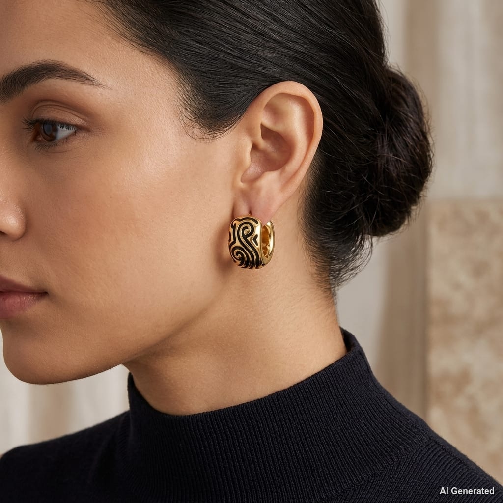 14K Gold Black Enamel Design Puffy Wide Huggie Hoop Earrings model still