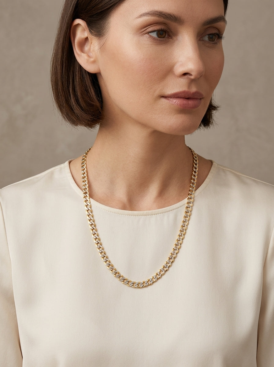 14K Two Tone Gold  Diamond Cut Flat Curb Link Chain model still