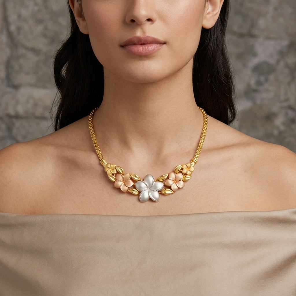 14K Tri-Color Gold Floral Plumeria Centerpiece Necklace model still