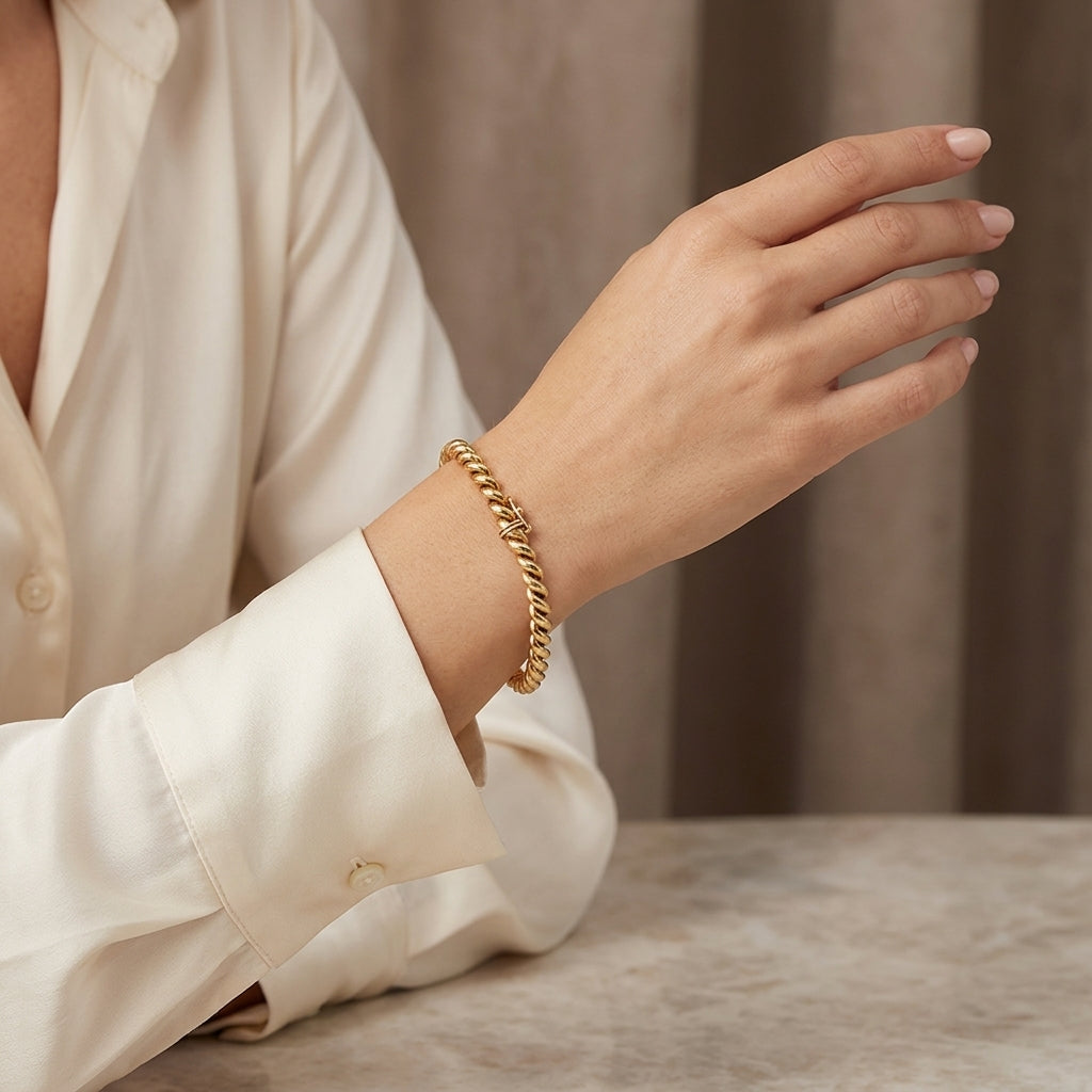 14K Gold Dainty San Marco Link Bracelet model still