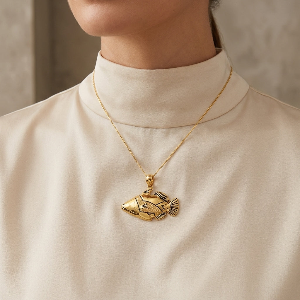 14K Tropical Fish Hawaiian Triggerfish Pendant Charm model still
