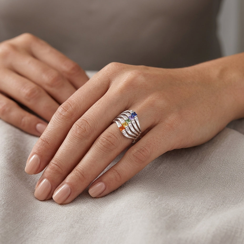 10408 - Multi Color Sapphire & Diamond Stacked Wave Ring model still