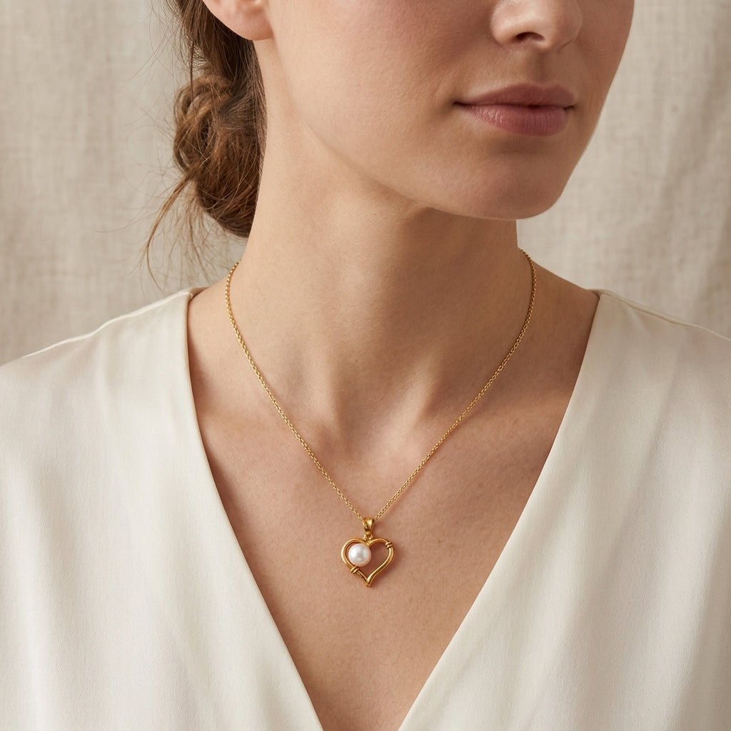 18K Yellow Gold Dainty Open Heart Pearl Charm Pendant model still