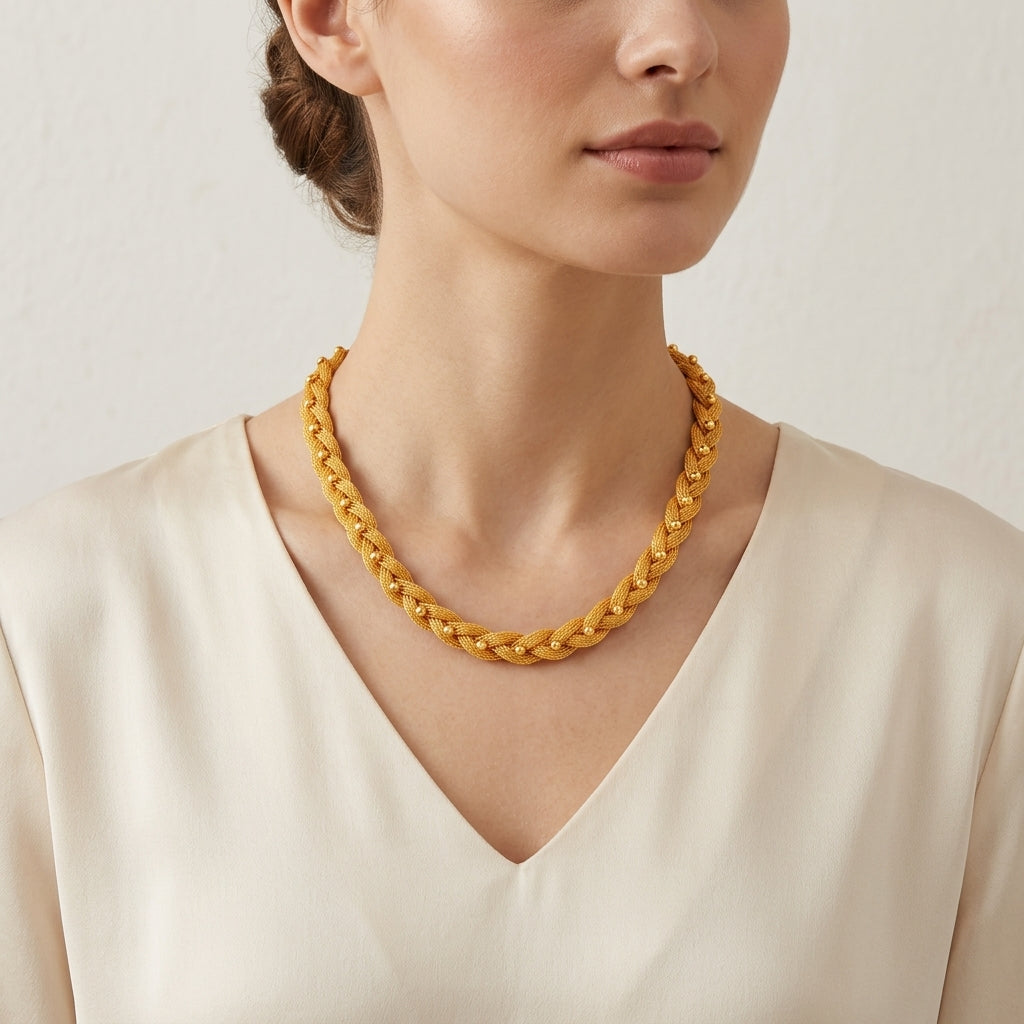 10279 - 18K YG Mesh Woven Chain w/ Gold Bead Necklace model still