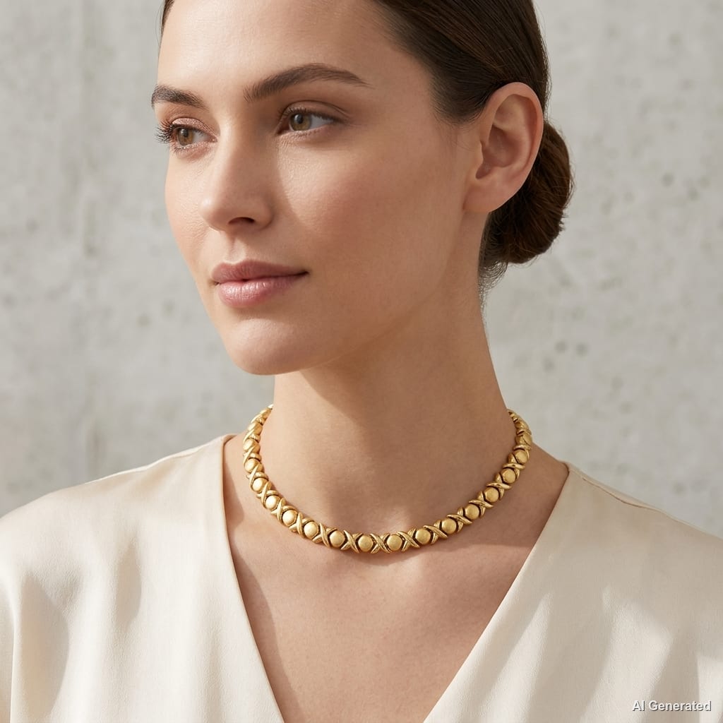 14K XO Link Choker Necklace model still