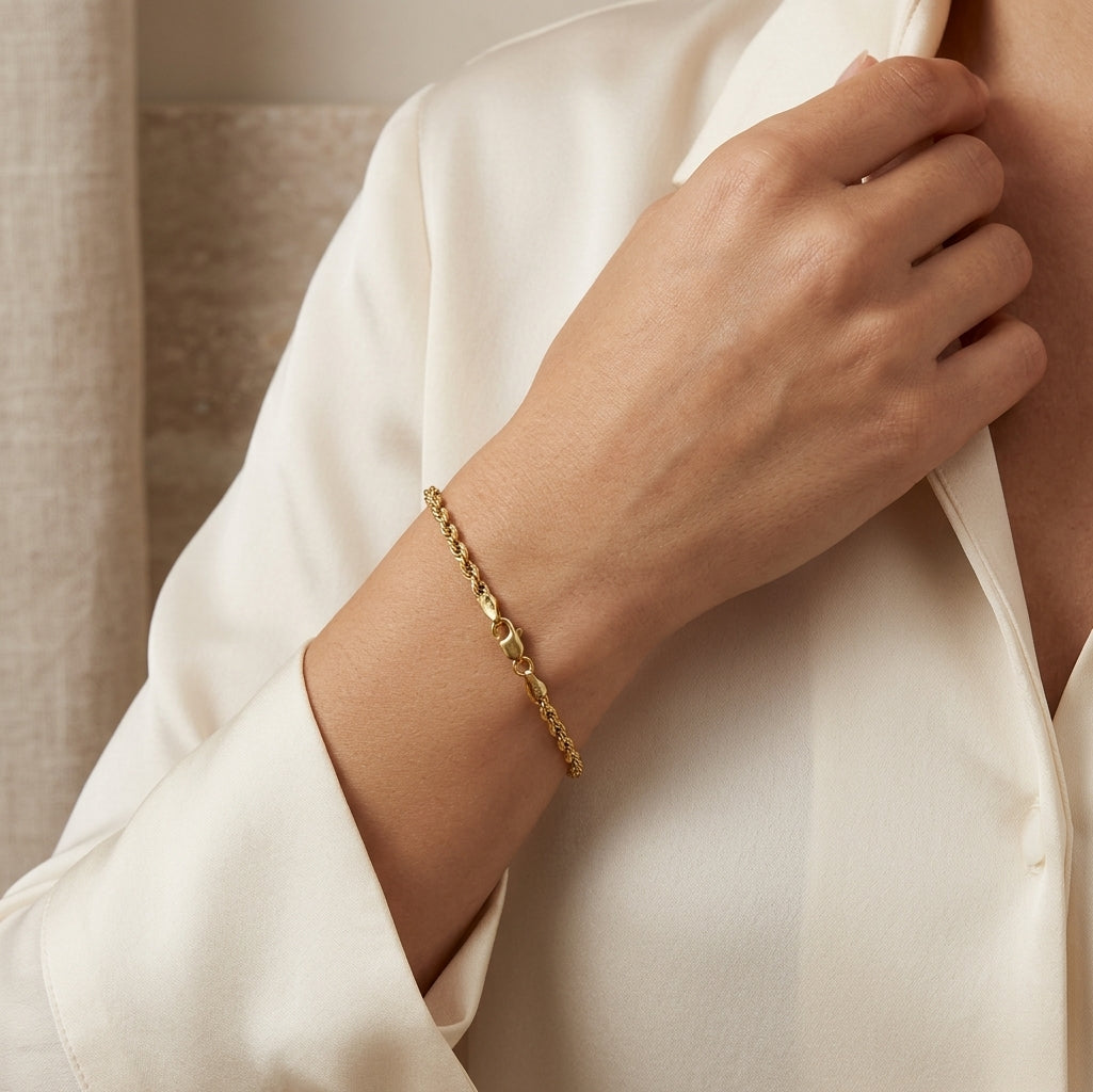14K Yellow Gold Dainty Rope Chain Bracelet model still