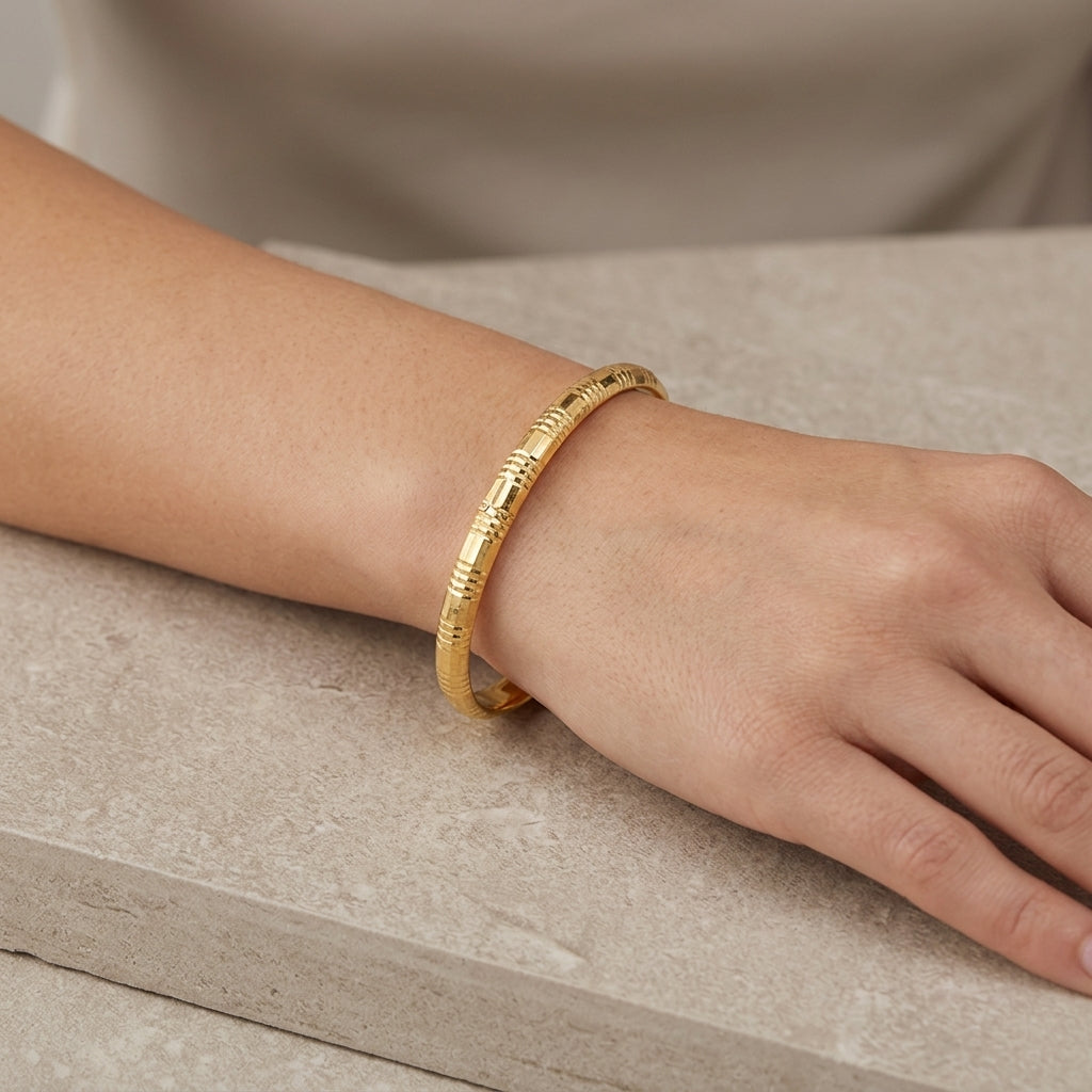 14K Diamond-Cut Geometric Bangle Bracelet model still