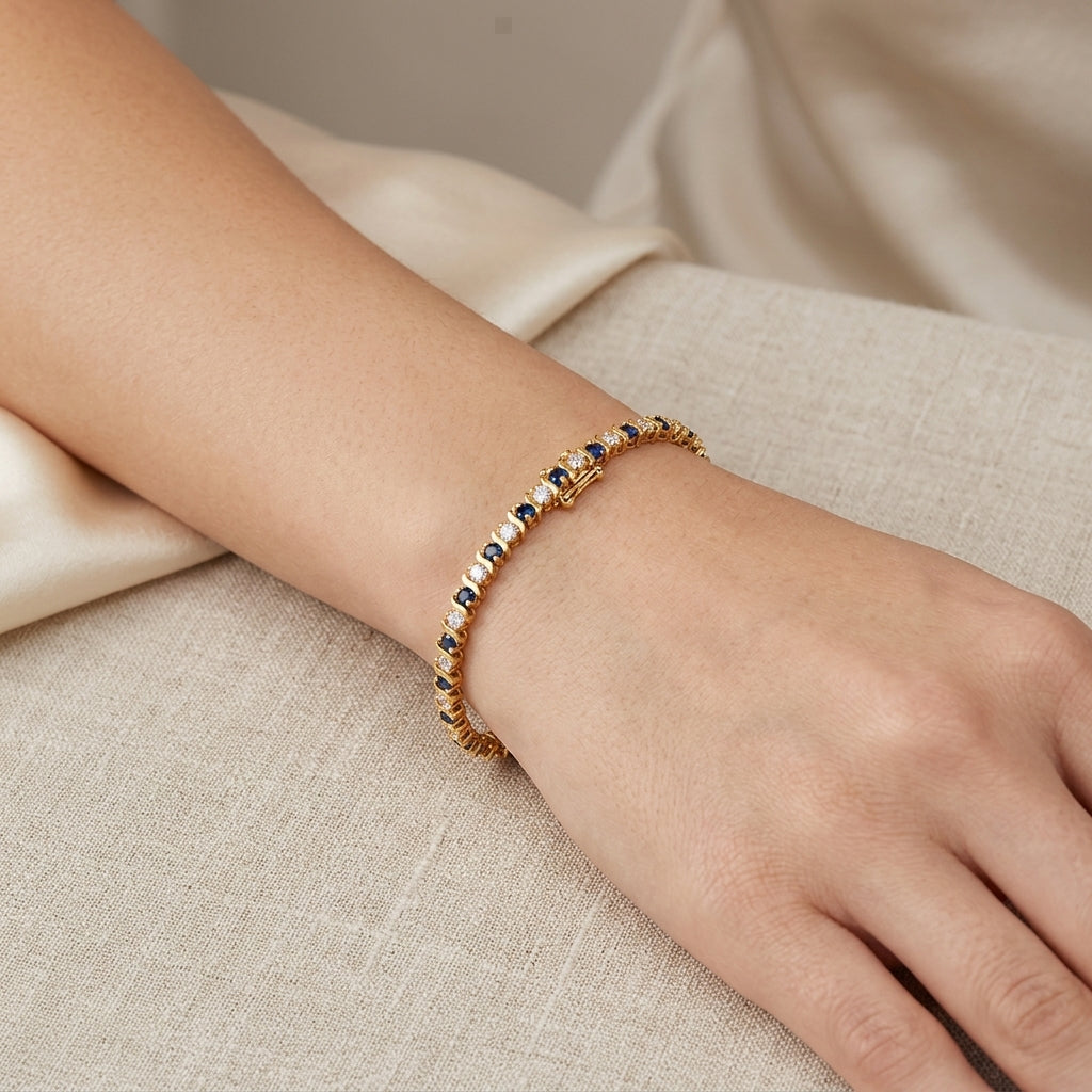 10K Yellow Gold Blue & White Sapphire Tennis Bracelet model still