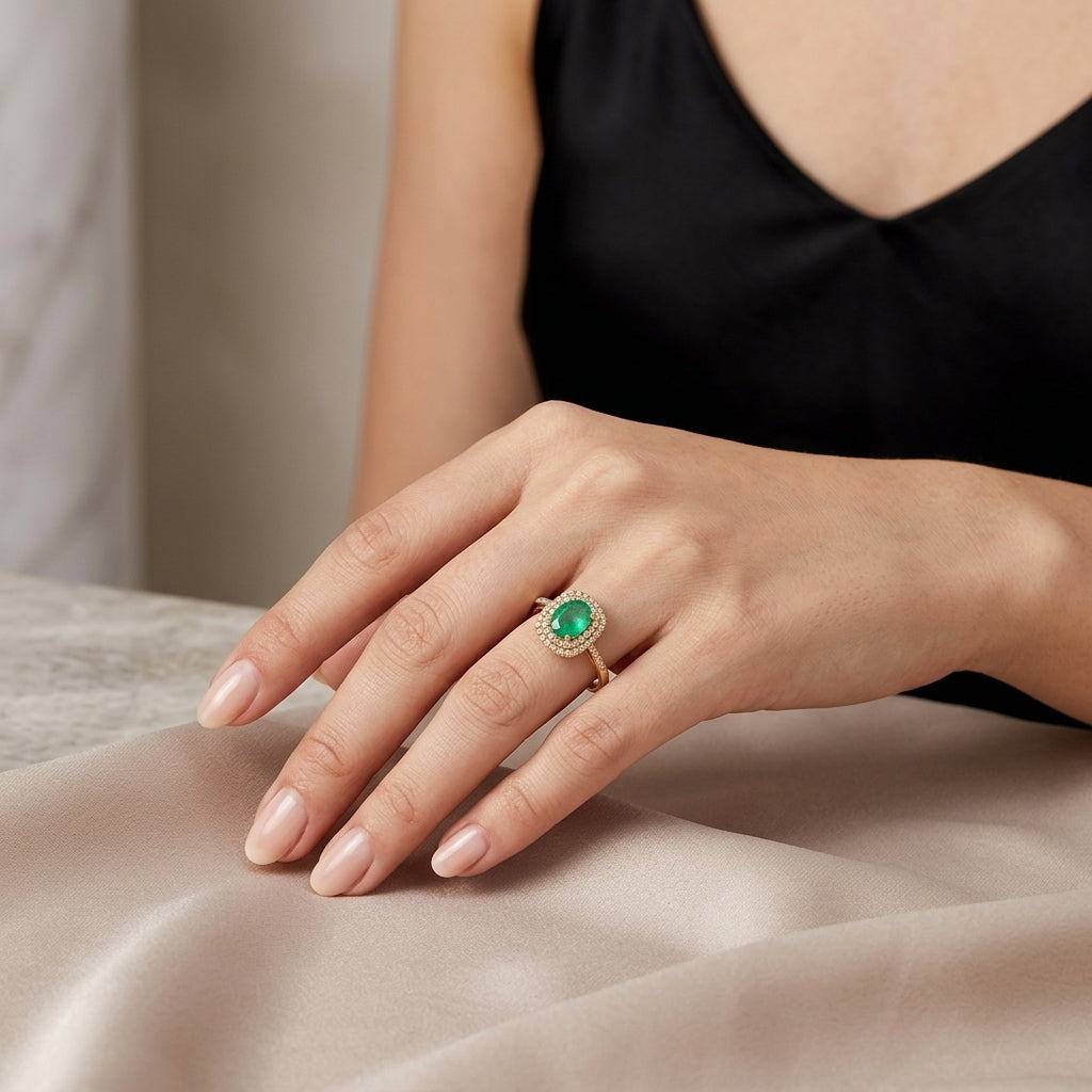 10K Yellow Gold Oval Emerald Diamond Double Halo Ring model still