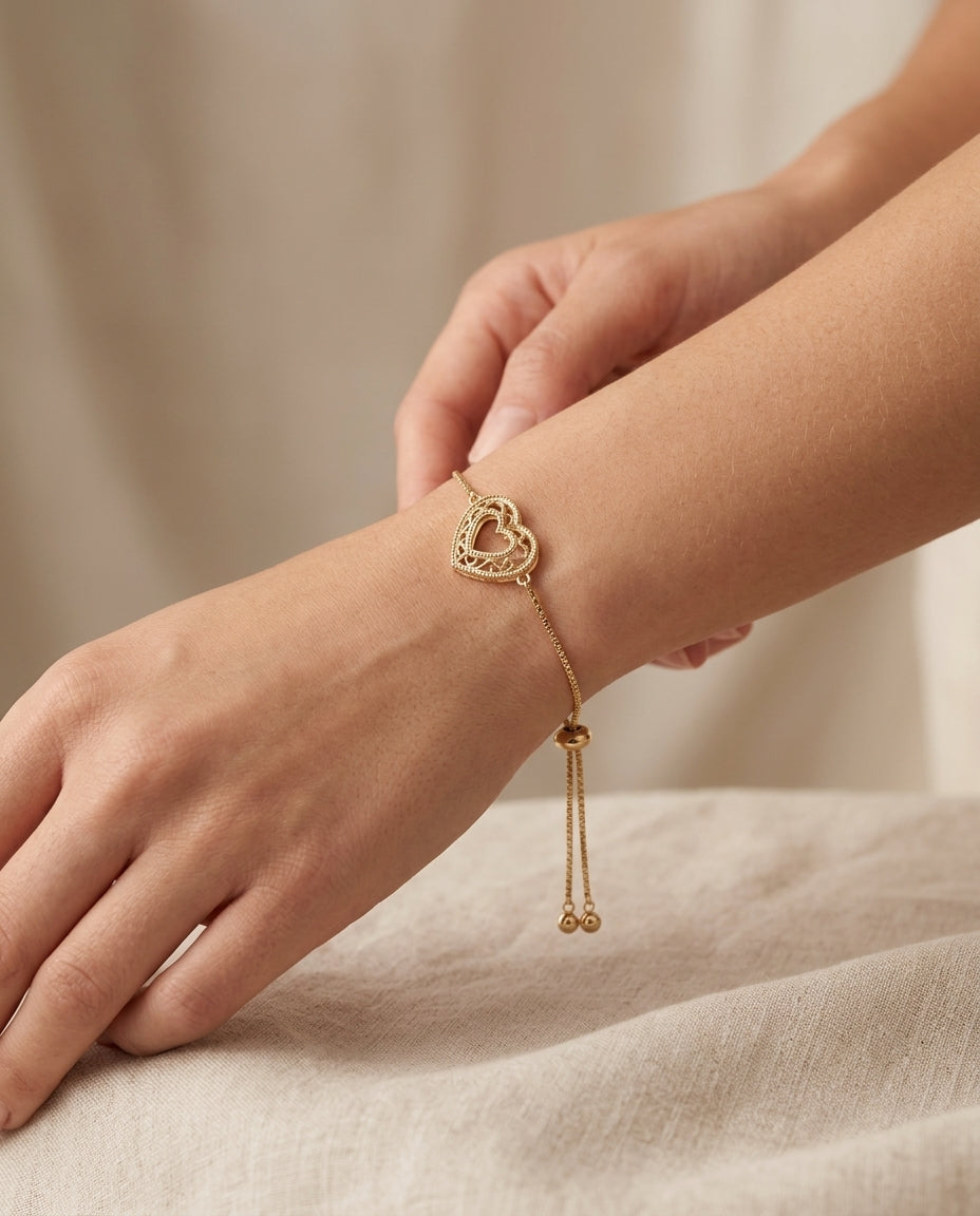 14K Heart Pendant Adjustable Bolo Bracelet model still