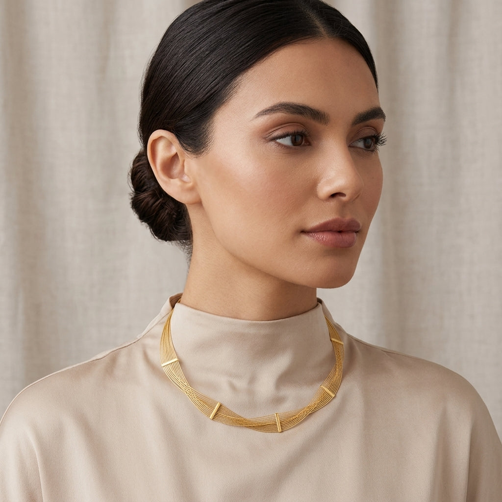 14K Woven Wire Multi-Strand Collar Necklace model still