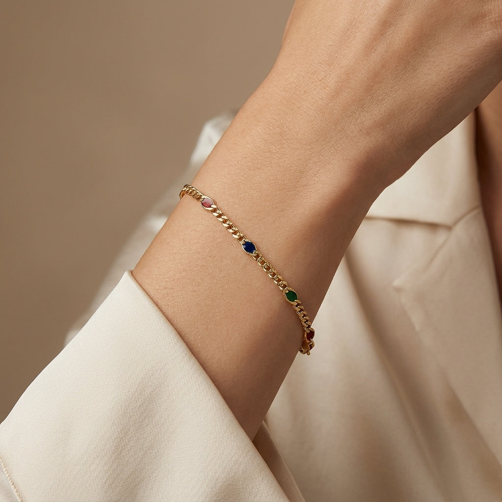 14K Gold Dainty Twisted Curb Multi Color Enamel Station Bracelet model still