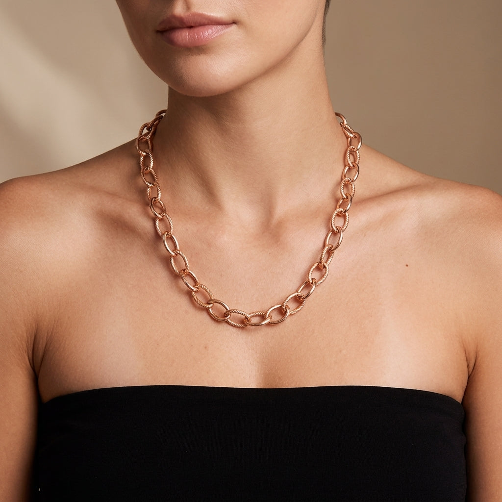 14K Rose Gold Twisted Oval Cable Link Chain Textured & Polished Design model still