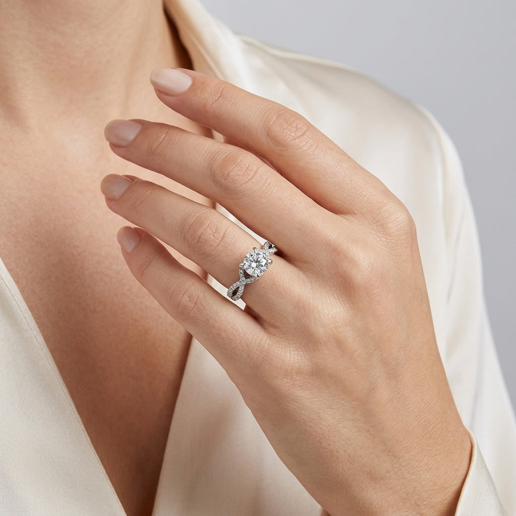 14K White Gold Twisted Round Cut Diamond Ring model still
