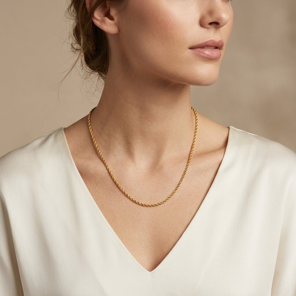14K Yellow Gold Dainty Rope Chain Necklace model still