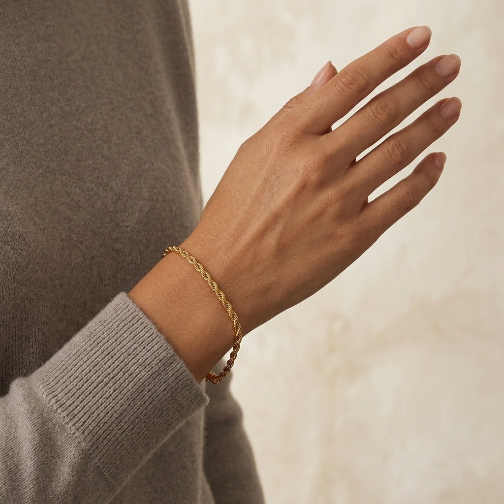 14K Gold Dainty Rope Chain Link Bracelet model still