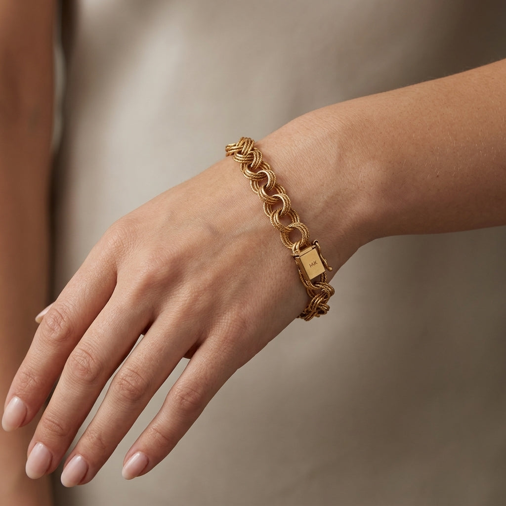14K Yellow Gold Interlocking Triple Circle Link Bracelet model still