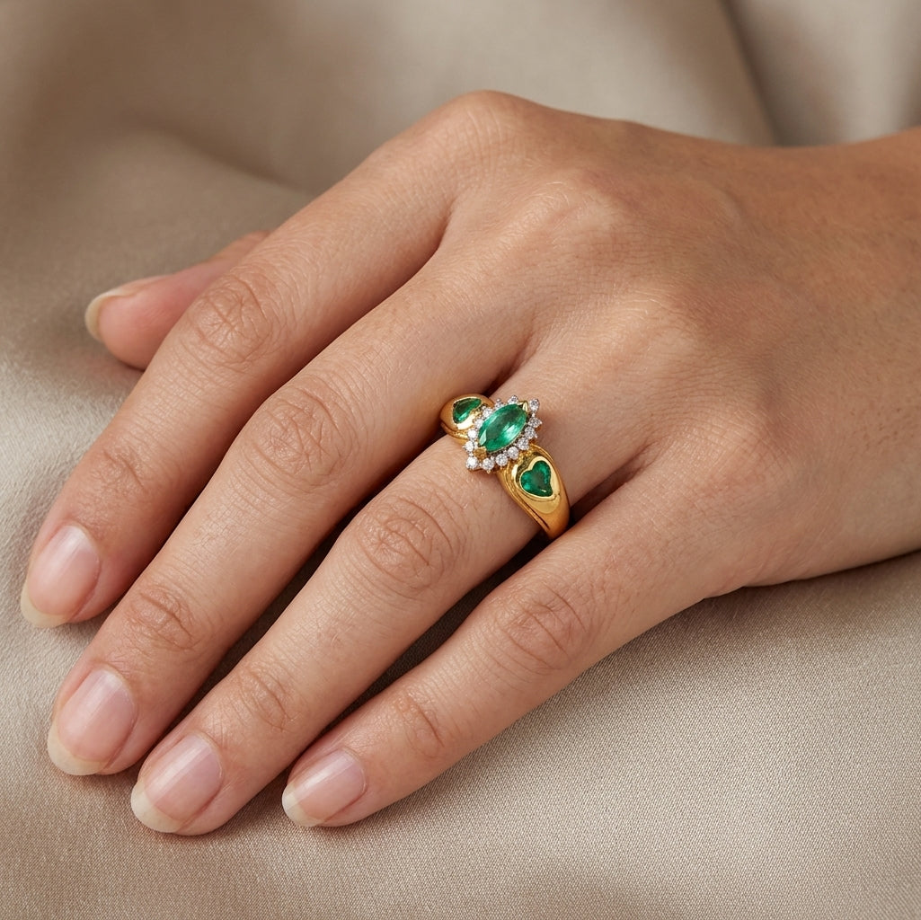 14K Emerald Diamond Halo Heart Motif Ring model still