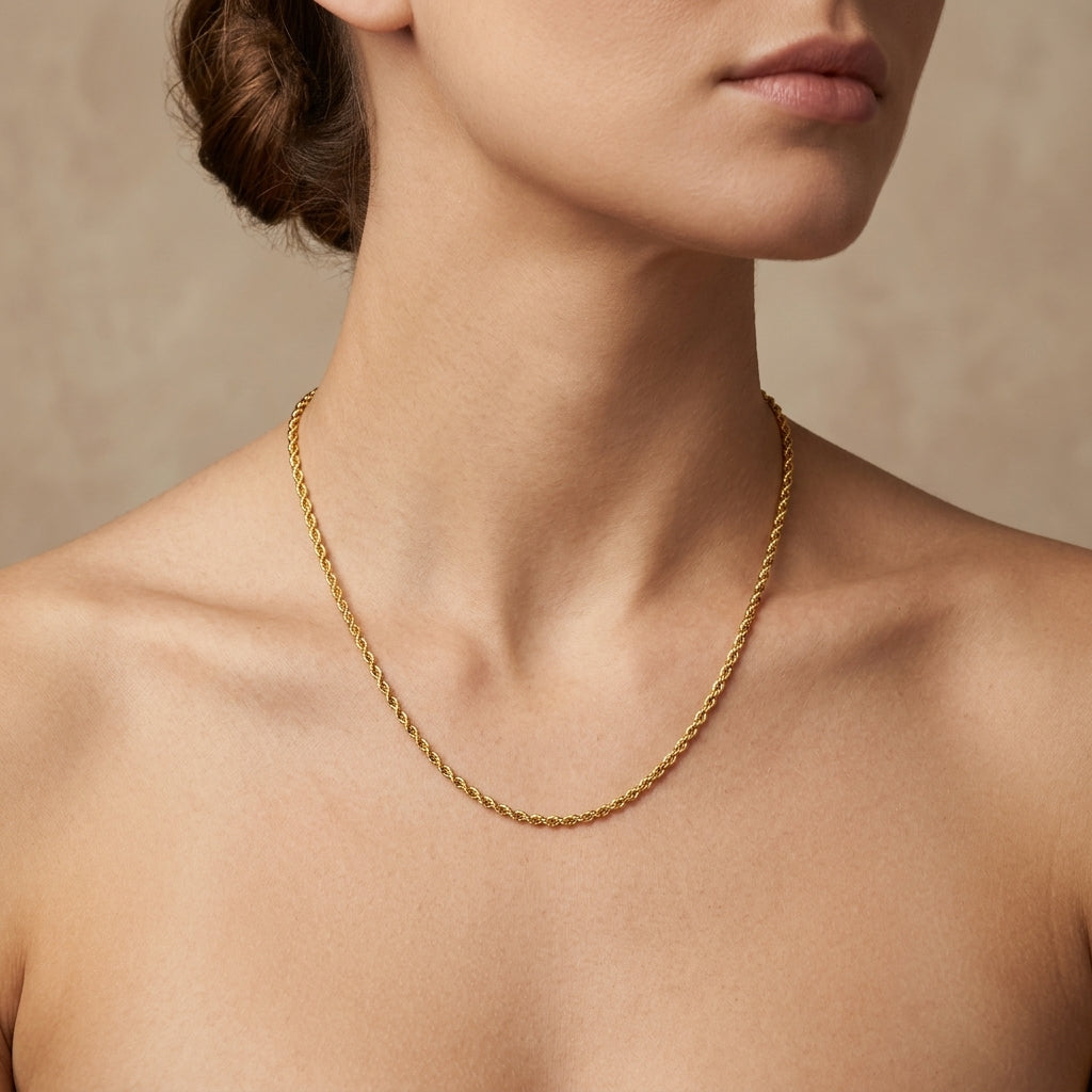14K Yellow Gold Dainty Rope Chain Necklace model still