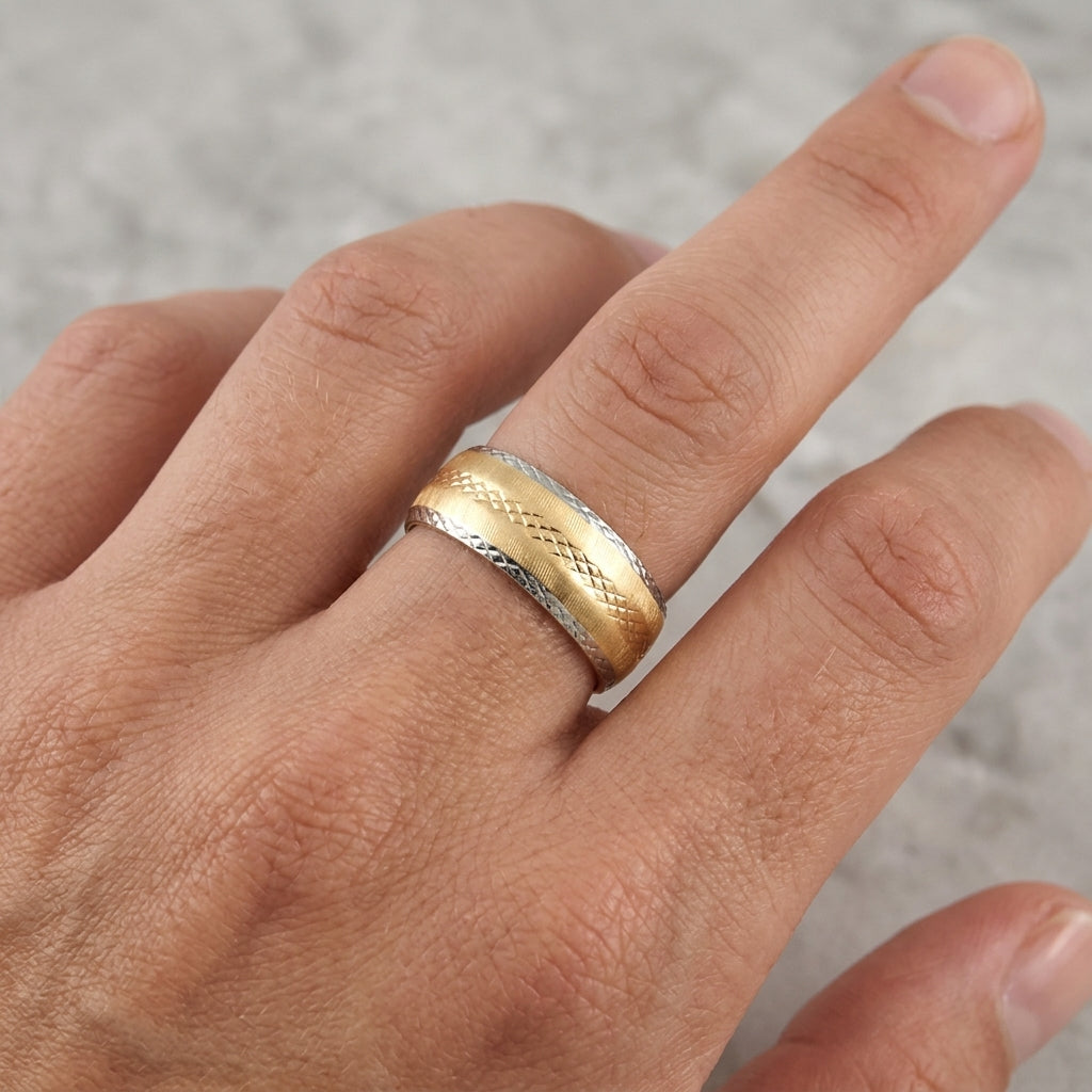 14K Two Tone Gold Diamond Cut Pattern Textured Band Ring model still