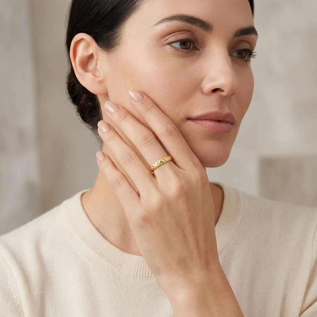 14K Gold Diamond Cut Pattern Band Ring model still