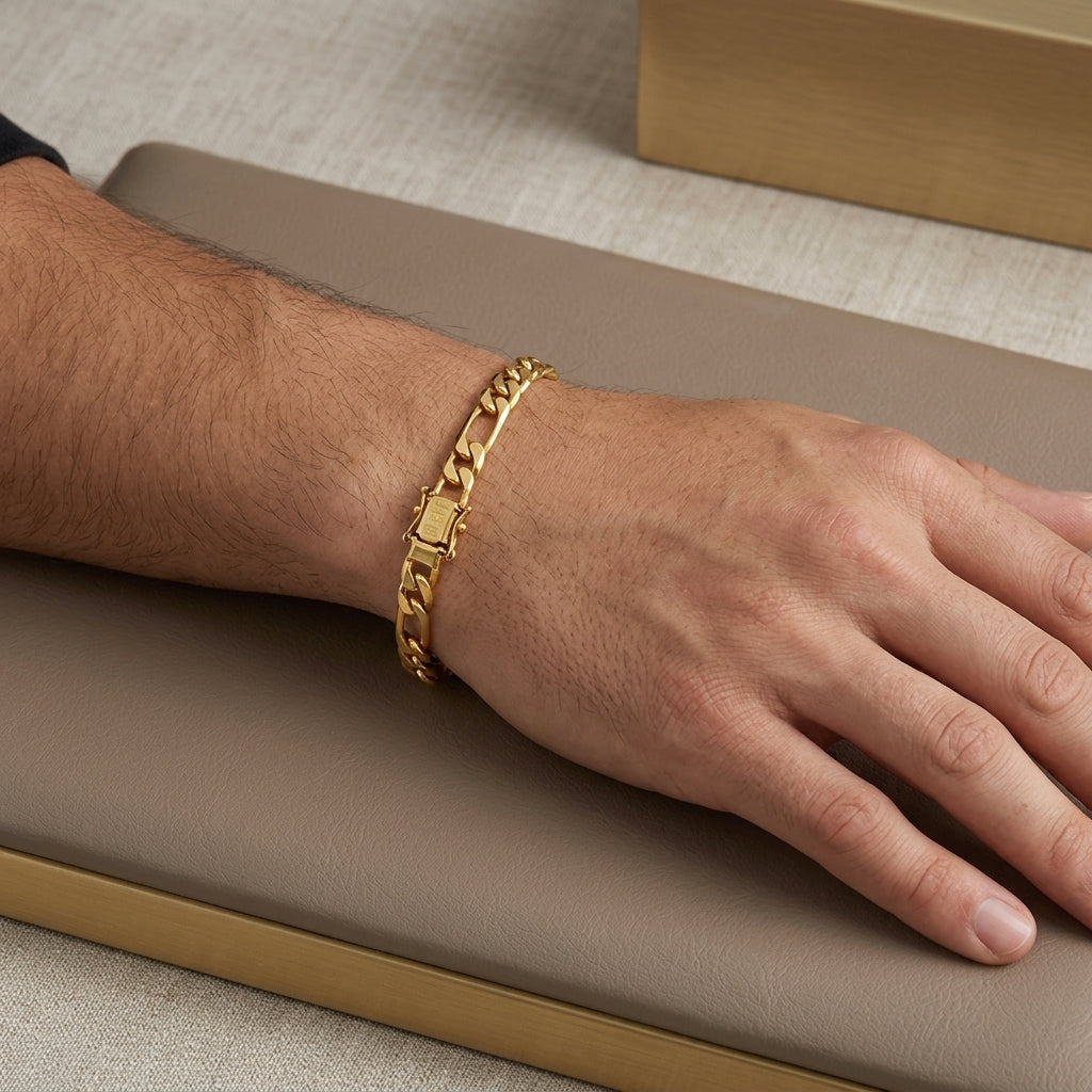 14K Figaro Chain Link Bracelet model still