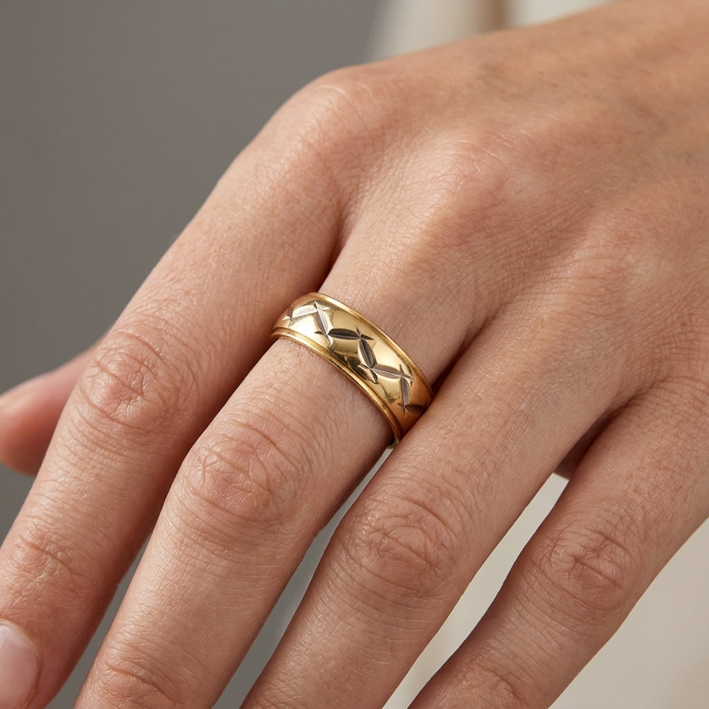 14K Two Tone Gold Zig Zag Pattern Band Ring model still