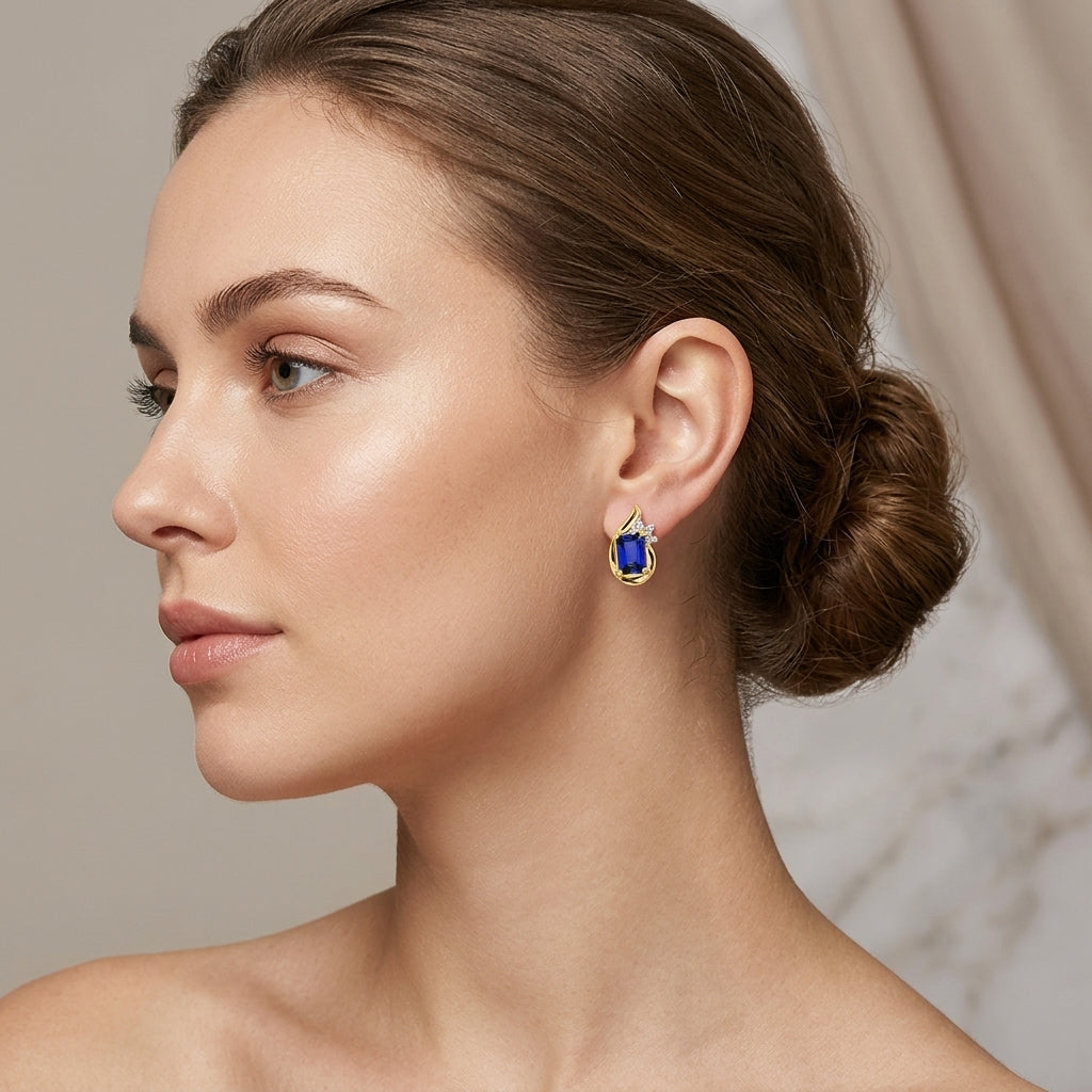 10K Emerald Cut Blue Sapphire & Diamond Drop Earrings model still