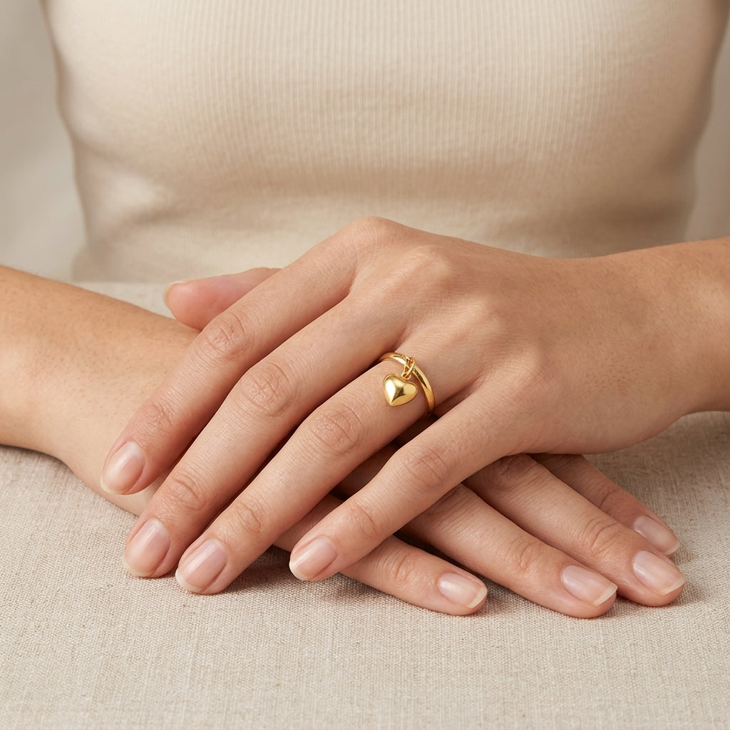 14K Yellow Gold 3D Heart Charm Ring Band model still