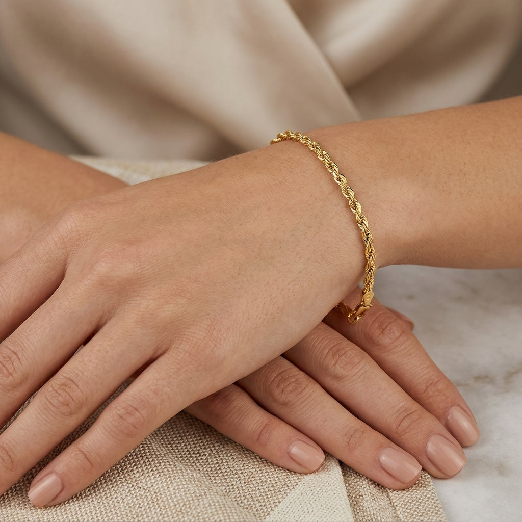 14K Dainty Rope Chain Bracelet model still