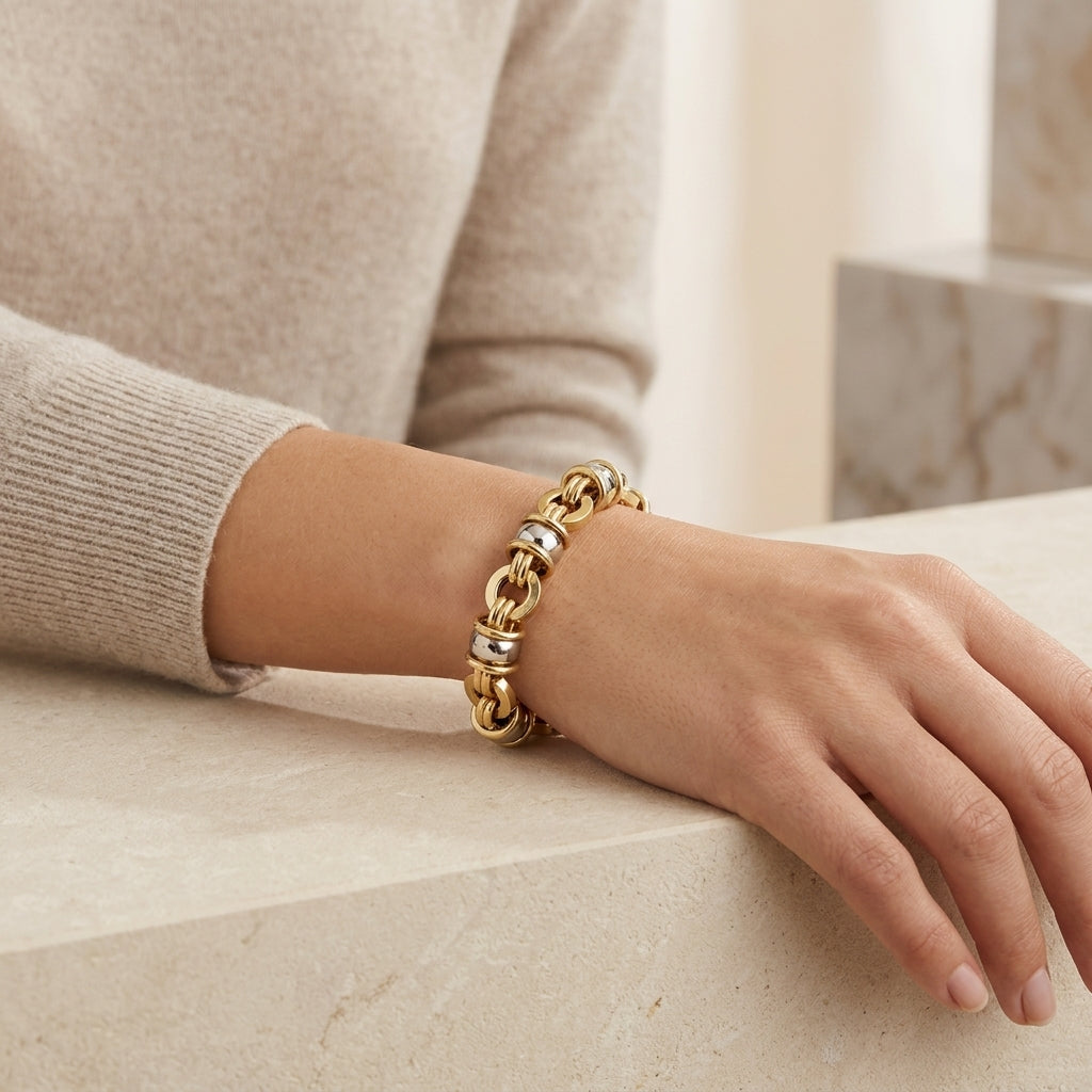 14K Two Tone Gold Chunky Link Bracelet model still