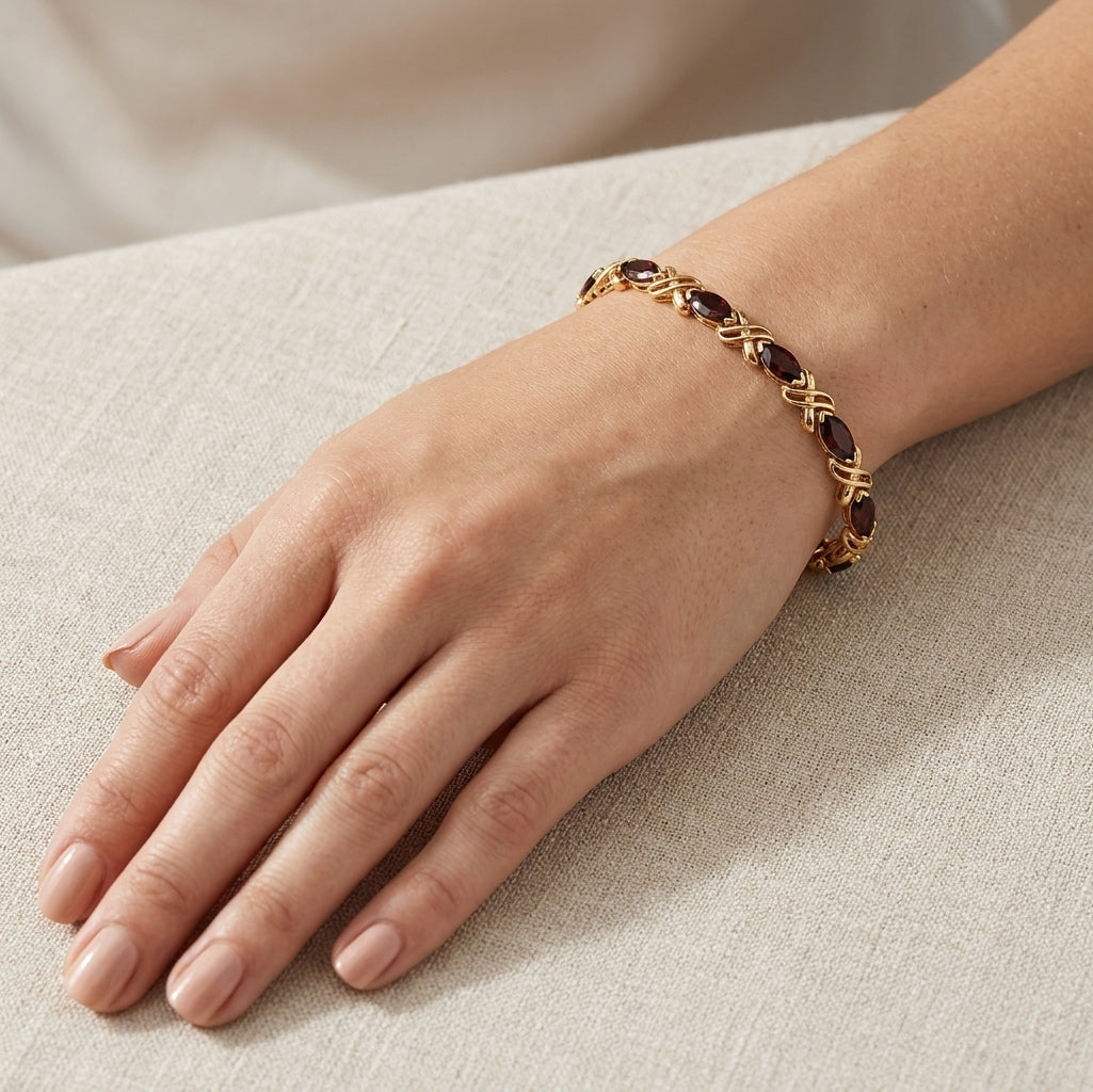 10K Marquise Garnet & Criss Cross Link Bracelet model still