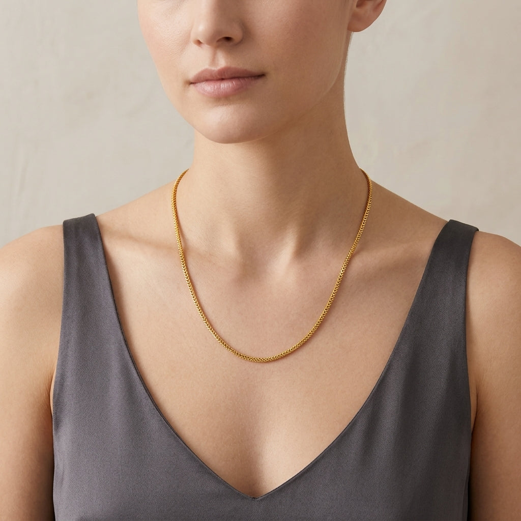 14K Yellow Gold Franco Link Chain Dainty Necklace model still