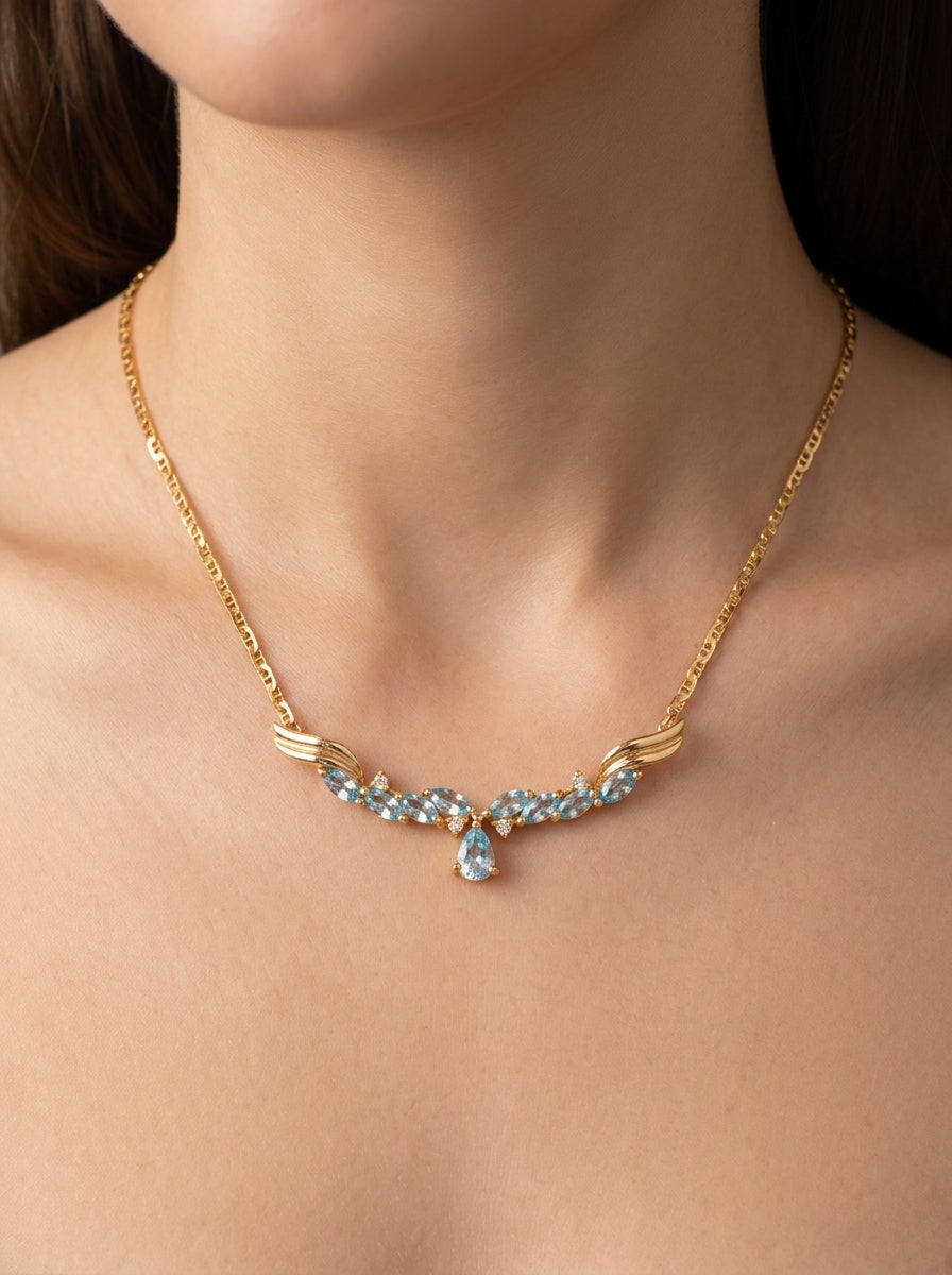 14K Yellow Gold Aquamarine & Diamond Statement Pendant Necklace model still