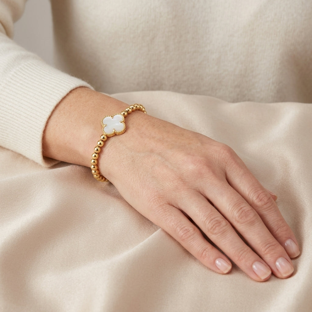 14K Mother of Pearl Quatrefoil Beaded Bracelet model still