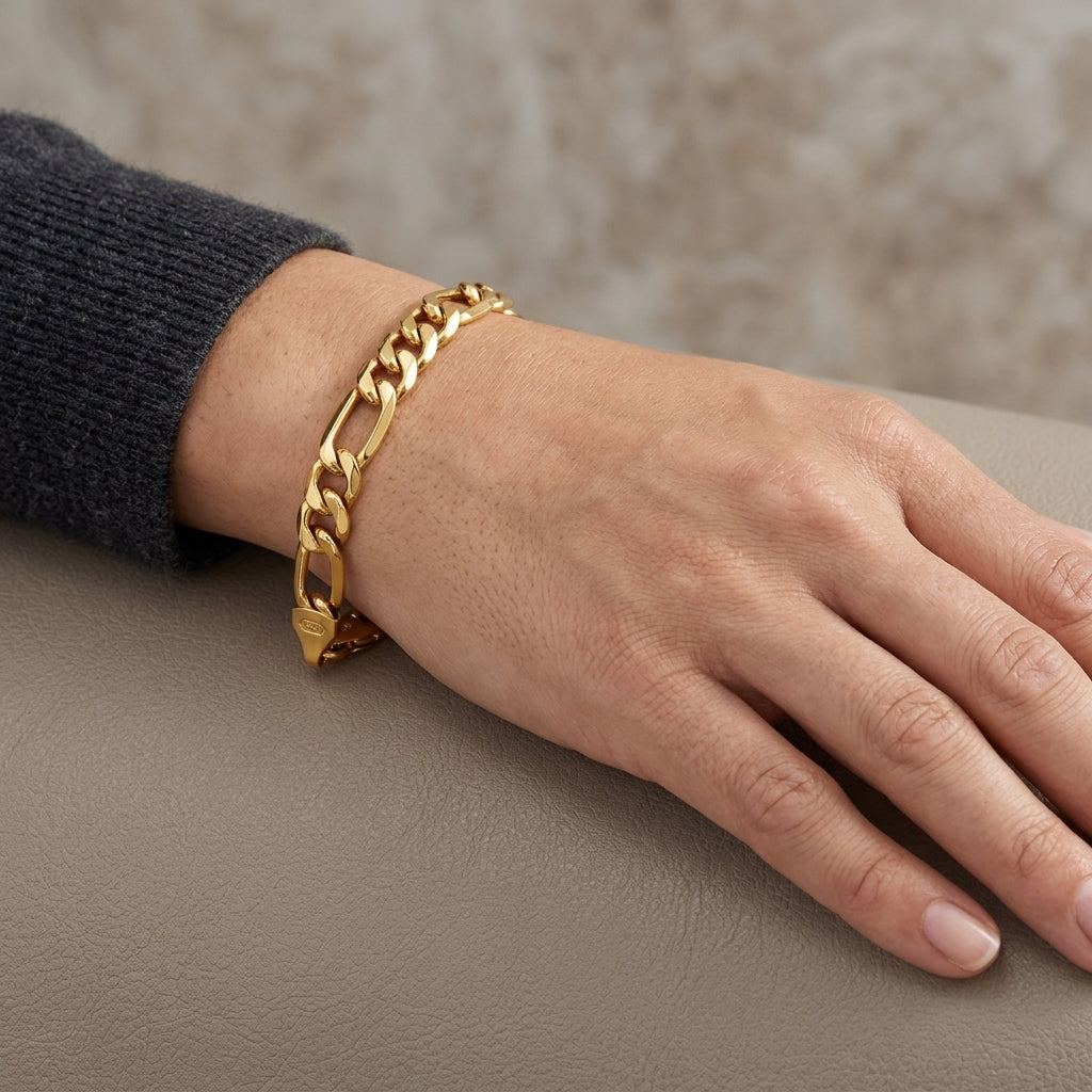 10K Gold Wide Figaro Link Bracelet model still