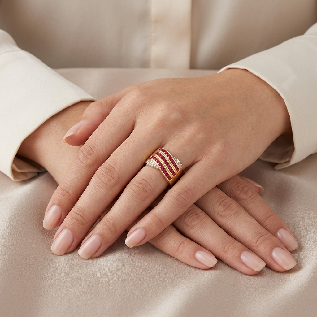 14K Ruby & Diamond Wave Wrap Design "I Love You" Ring model still
