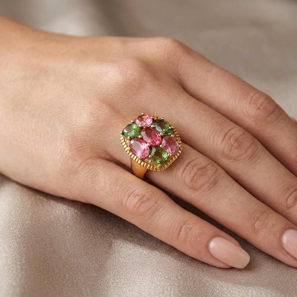 14K Yellow Gold Oval Pink & Green Tourmaline Cocktail Ring model still