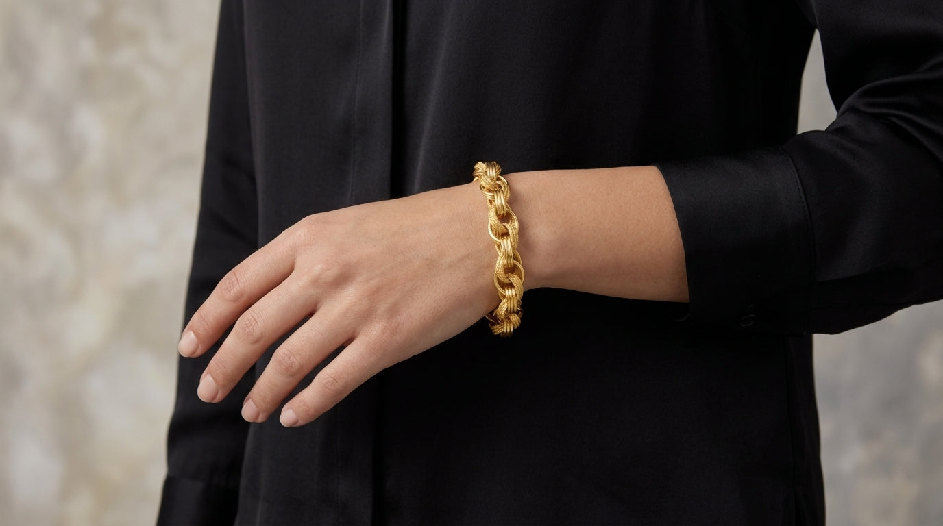 14K Double Oval Cable Link Bracelet Textured & Polished Finish model still
