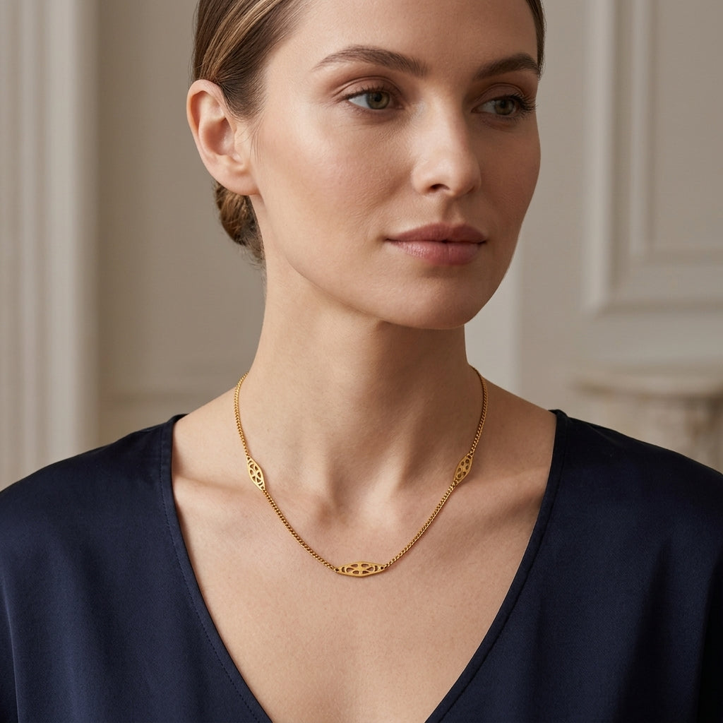 14K Yellow Gold Art Deco Marquise Station Necklace model still