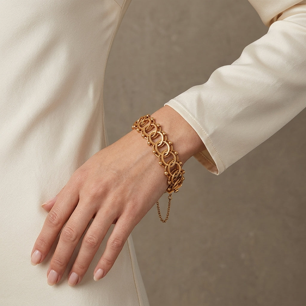 14K Gold Vintage Triple Circle Link Textured Bracelet model still