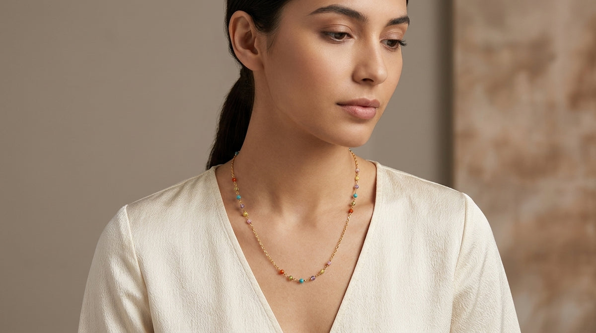 18K Multi Color Glass Bead Station Cable Link Chain Necklace model still